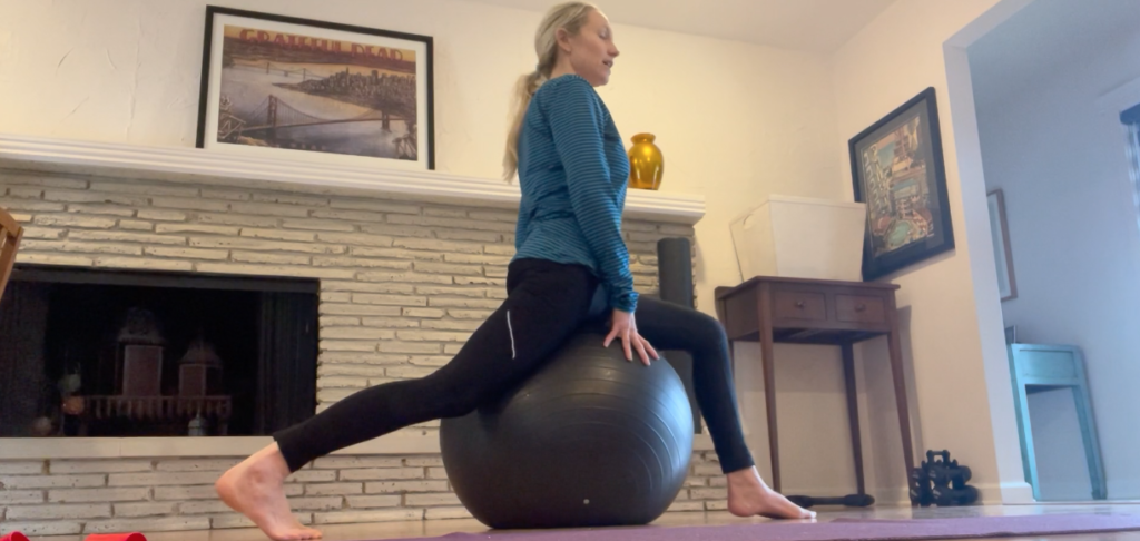 Woman doing lunges on a Pilates ball.