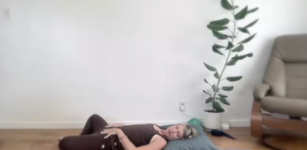 Woman lying on the floor doing Pilates exercises and stretches. There is a plant in the photo.