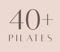 40 Plus Pilates logo with plus sign and pink and brown pastel colors