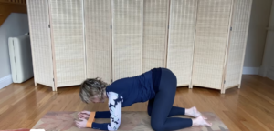 Woman doing Pilates exercises on Pilates mat on her knees and forearrms with loop band around wrists.