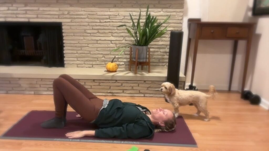 woman doing pilates on the floor with a dog standing nearby